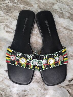 Stefani Collection Beaded Black Slide Sandals Multicolor Women's Size 8.5M